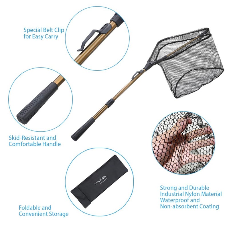 YVLEEN Folding Fishing Net - Foldable Fish Landing Net Robust Aluminum Telescopic Pole Handle and Nylon Mesh 16inch Hoop Size - Image 2